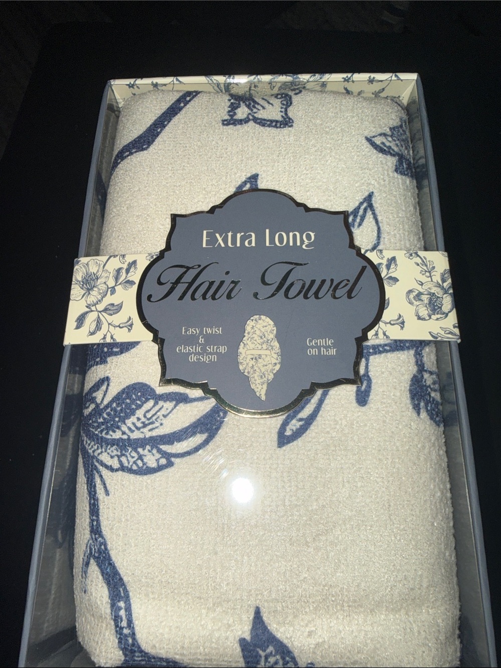 Extra Long Hair Towel with Blue Floral Pattern - Gentle Care